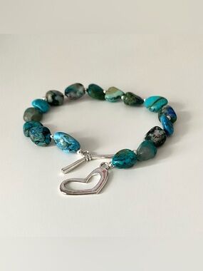Raw African Turquoise Gemstone Bracelet with Heart Toggle Charm